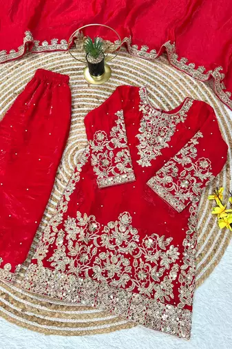Kids red fendy silk embroidery sequence work kurta palazzo set