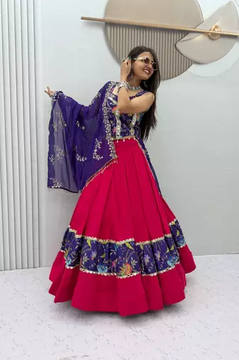 Purple Mirror Work position print Silk Blend Navratri Lahenga Choli Set