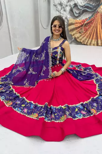 Purple Mirror Work position print Silk Blend Navratri Lahenga Choli Set