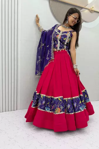 Purple Mirror Work position print Silk Blend Navratri Lahenga Choli Set