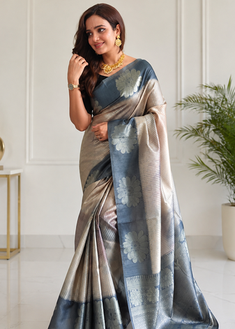 grey color silver zari motif design pattern multi colored digital print silk blend saree
