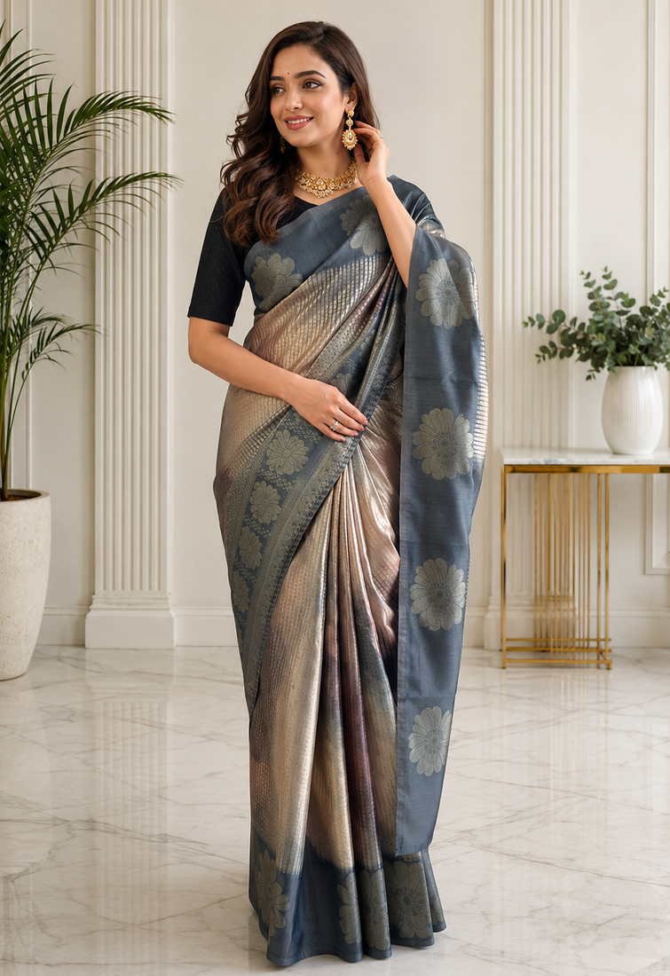 grey color silver zari motif design pattern multi colored digital print silk blend saree
