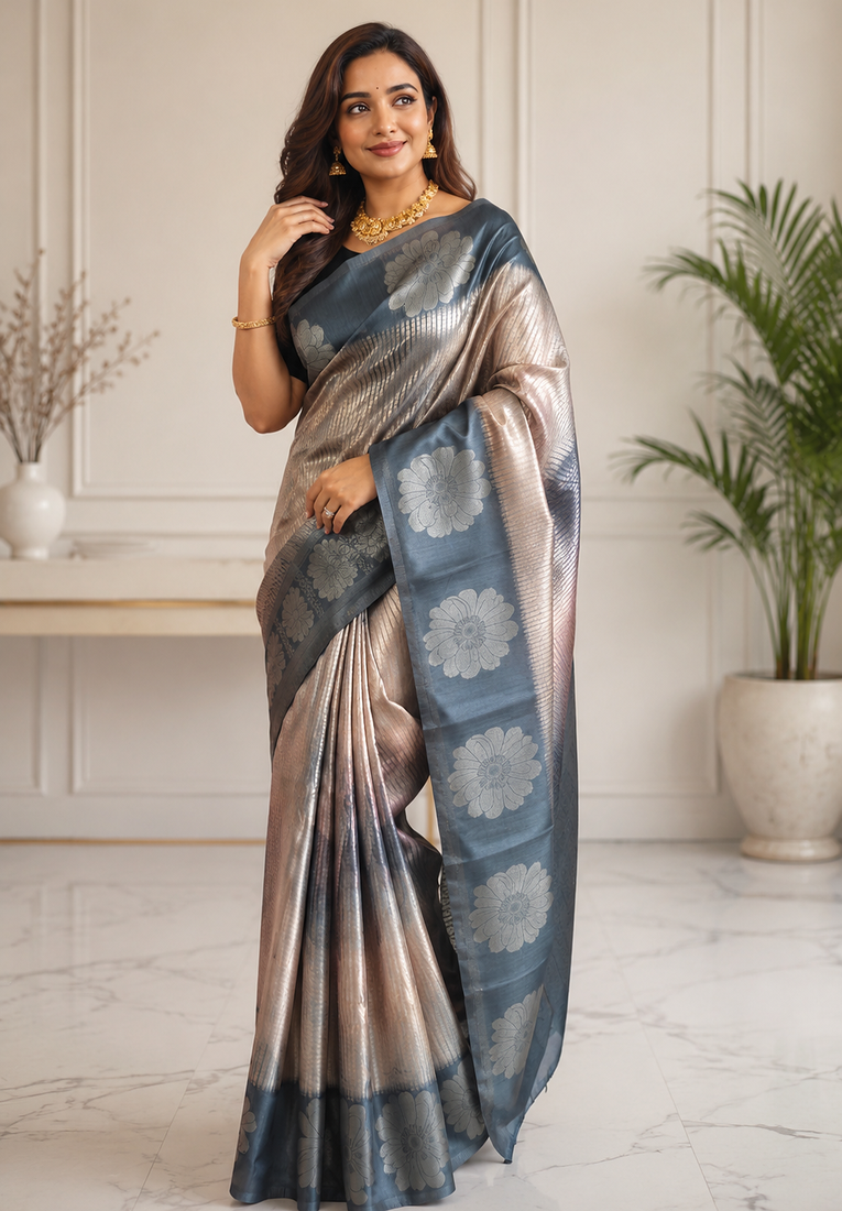 grey color silver zari motif design pattern multi colored digital print silk blend saree