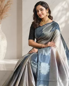 grey color silver zari motif design pattern multi colored digital print silk blend saree