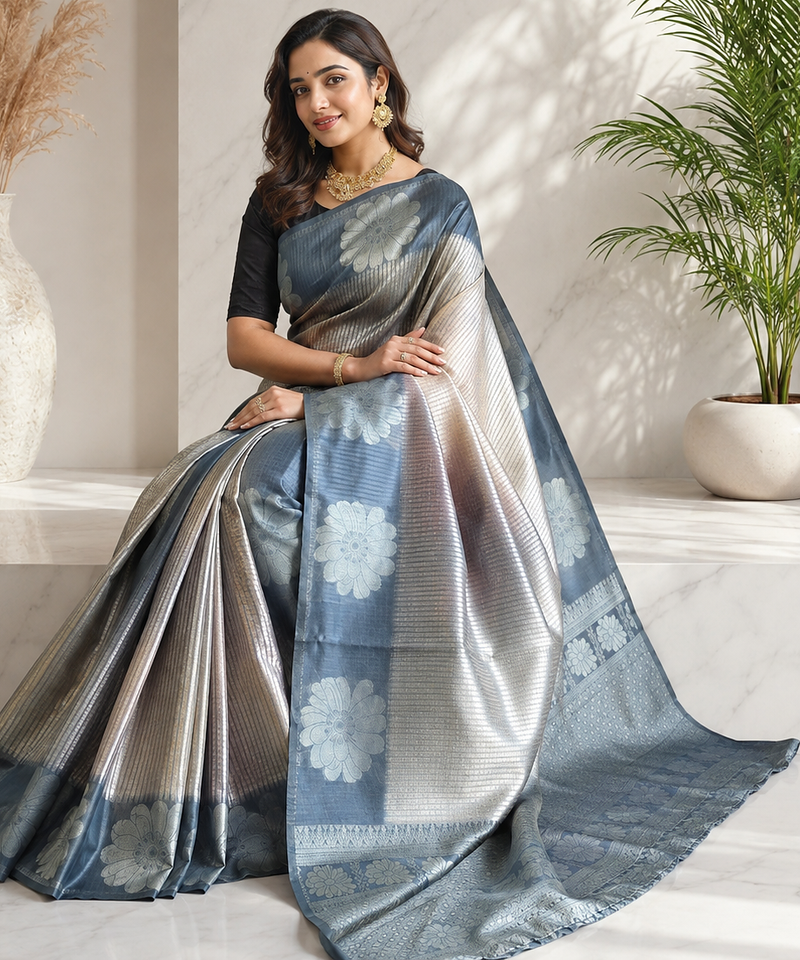 grey color silver zari motif design pattern multi colored digital print silk blend saree