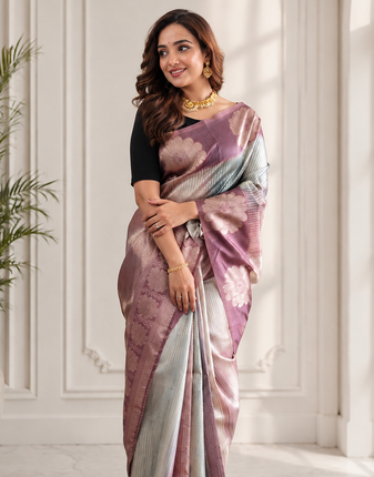lavender color silver zari motif design pattern multi colored digital print silk blend saree