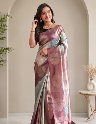 lavender color silver zari motif design pattern multi colored digital print silk blend saree