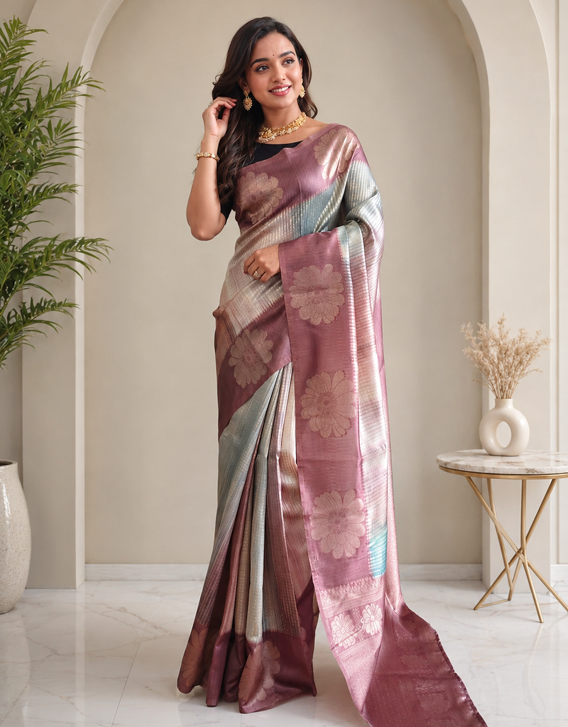 lavender color silver zari motif design pattern multi colored digital print silk blend saree