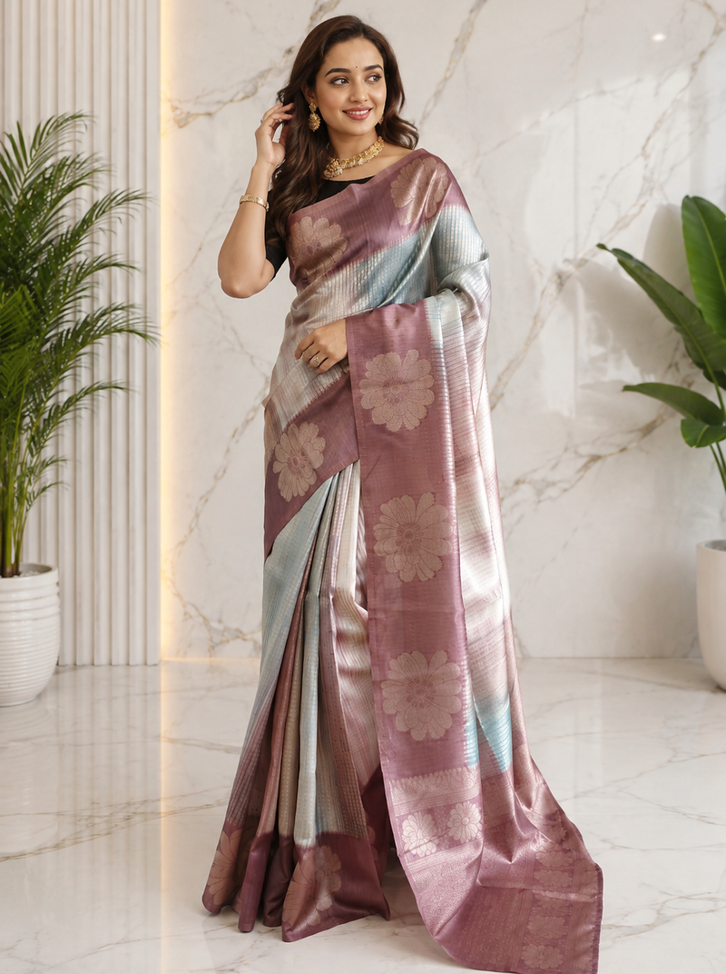 lavender color silver zari motif design pattern multi colored digital print silk blend saree