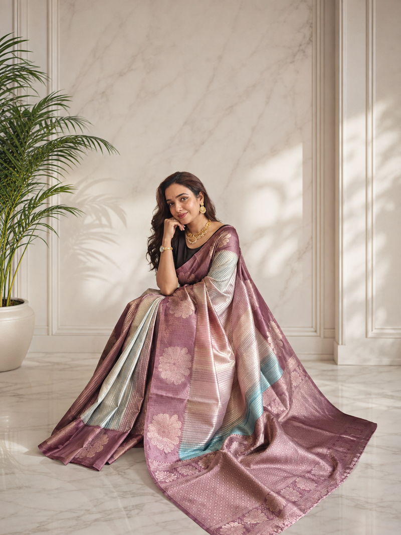 lavender color silver zari motif design pattern multi colored digital print silk blend saree