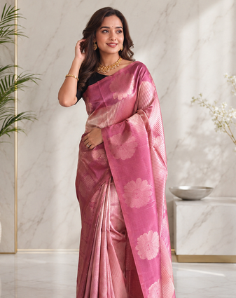 onion pink color silver zari motif design pattern multi colored digital print silk blend saree