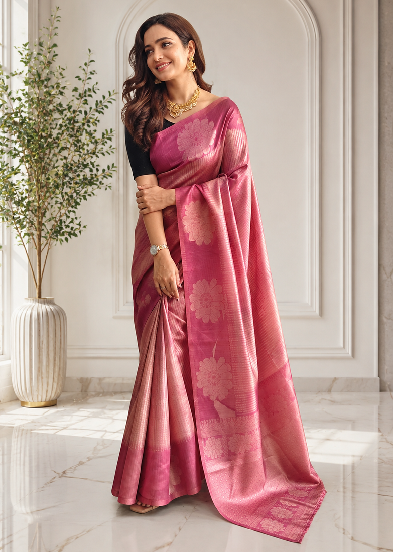 onion pink color silver zari motif design pattern multi colored digital print silk blend saree
