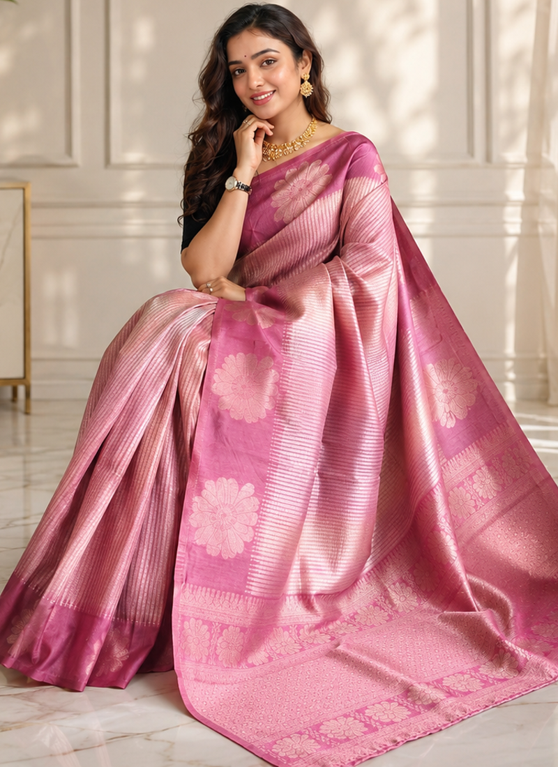 onion pink color silver zari motif design pattern multi colored digital print silk blend saree