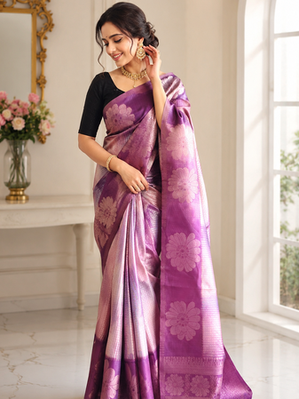 purple color silver zari motif design pattern multi colored digital print silk blend saree