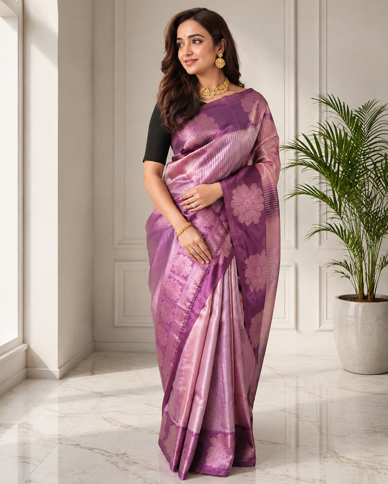 purple color silver zari motif design pattern multi colored digital print silk blend saree