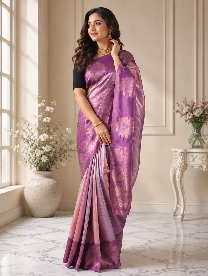 purple color silver zari motif design pattern multi colored digital print silk blend saree