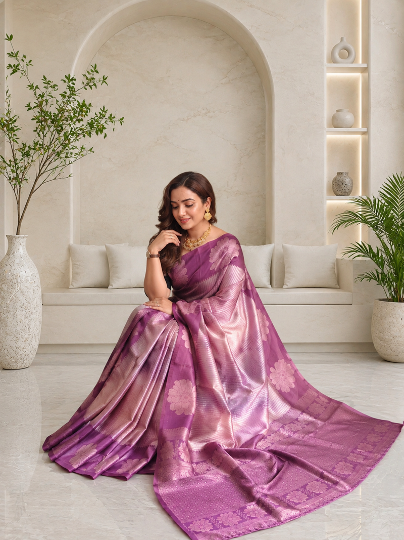 purple color silver zari motif design pattern multi colored digital print silk blend saree