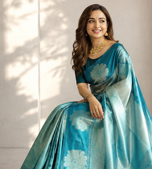 teal color silver zari motif design pattern multi colored digital print silk blend saree