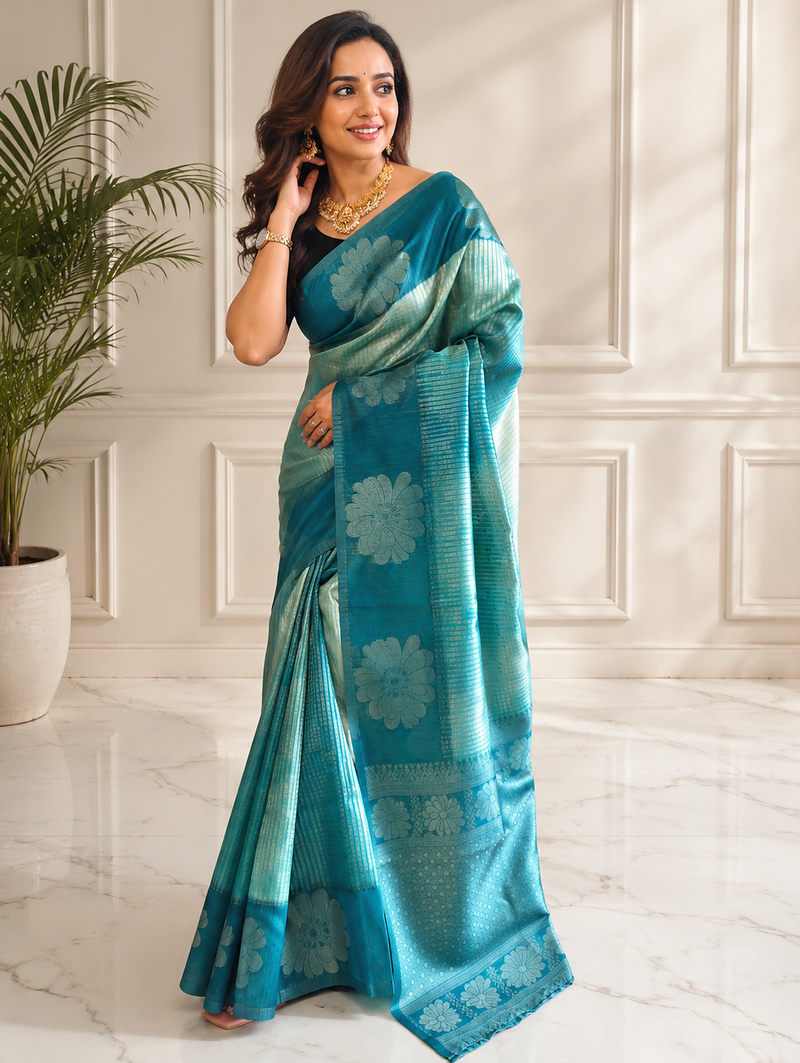 teal color silver zari motif design pattern multi colored digital print silk blend saree