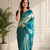 teal color silver zari motif design pattern multi colored digital print silk blend saree