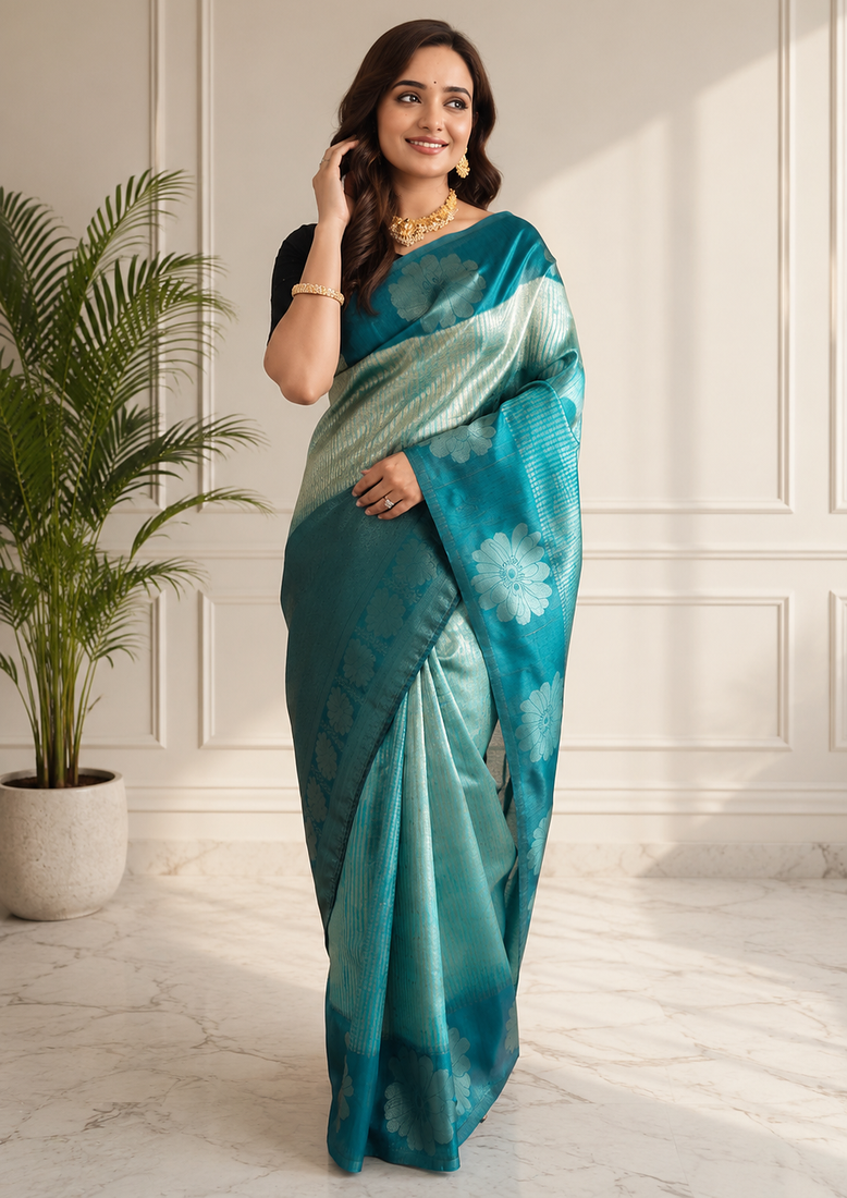 teal color silver zari motif design pattern multi colored digital print silk blend saree