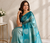 teal color silver zari motif design pattern multi colored digital print silk blend saree