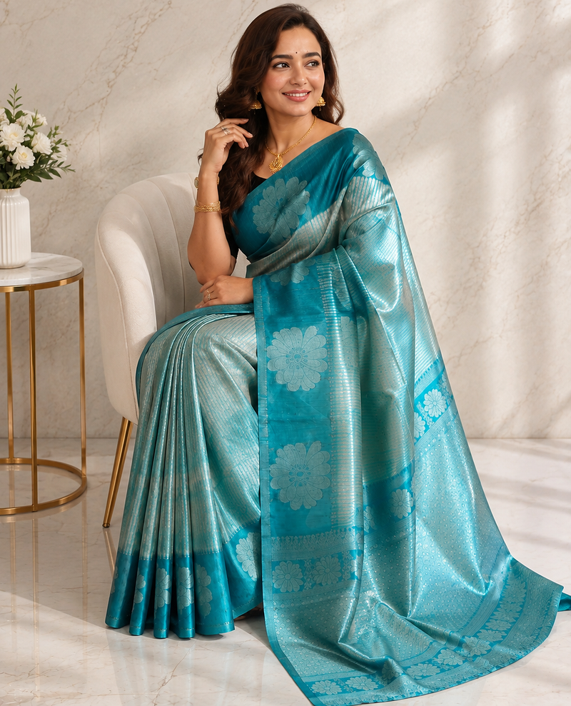 teal color silver zari motif design pattern multi colored digital print silk blend saree
