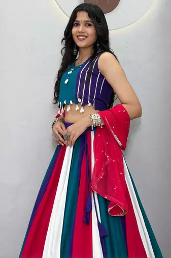 Rama Green beautifull multi colour kadi Cotton Navratri Lahenga Choli Set