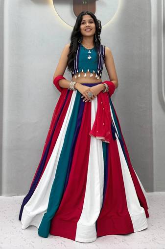 Rama Green beautifull multi colour kadi Cotton Navratri Lahenga Choli Set
