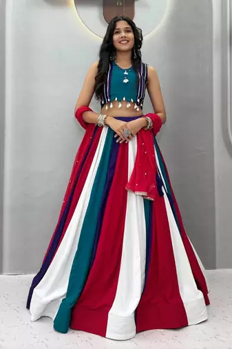 Rama Green beautifull multi colour kadi Cotton Navratri Lahenga Choli Set