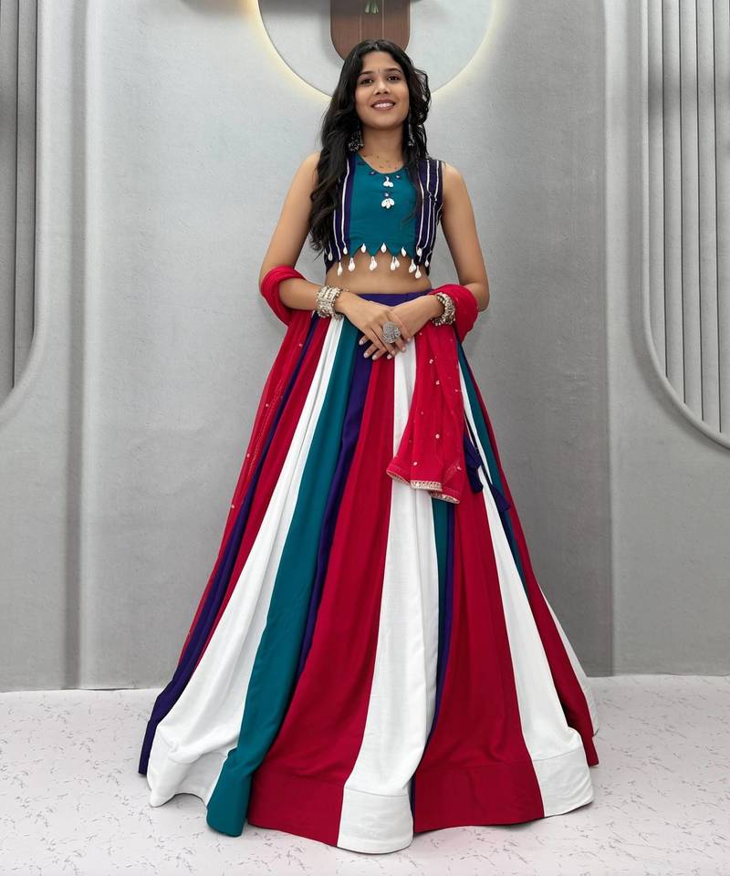 Rama Green beautifull multi colour kadi Cotton Navratri Lahenga Choli Set