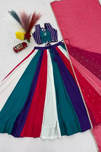 Rama Green beautifull multi colour kadi Cotton Navratri Lahenga Choli Set