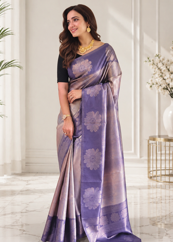 violet color silver zari motif design pattern multi colored digital print silk blend saree