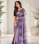 violet color silver zari motif design pattern multi colored digital print silk blend saree
