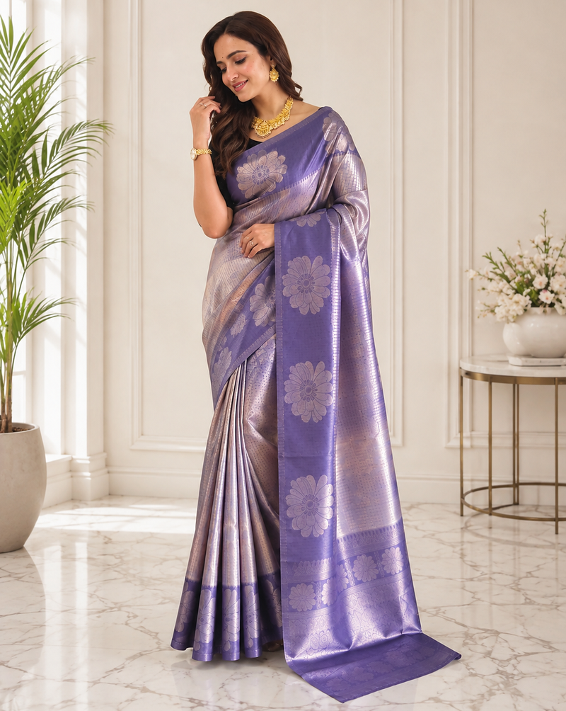 violet color silver zari motif design pattern multi colored digital print silk blend saree