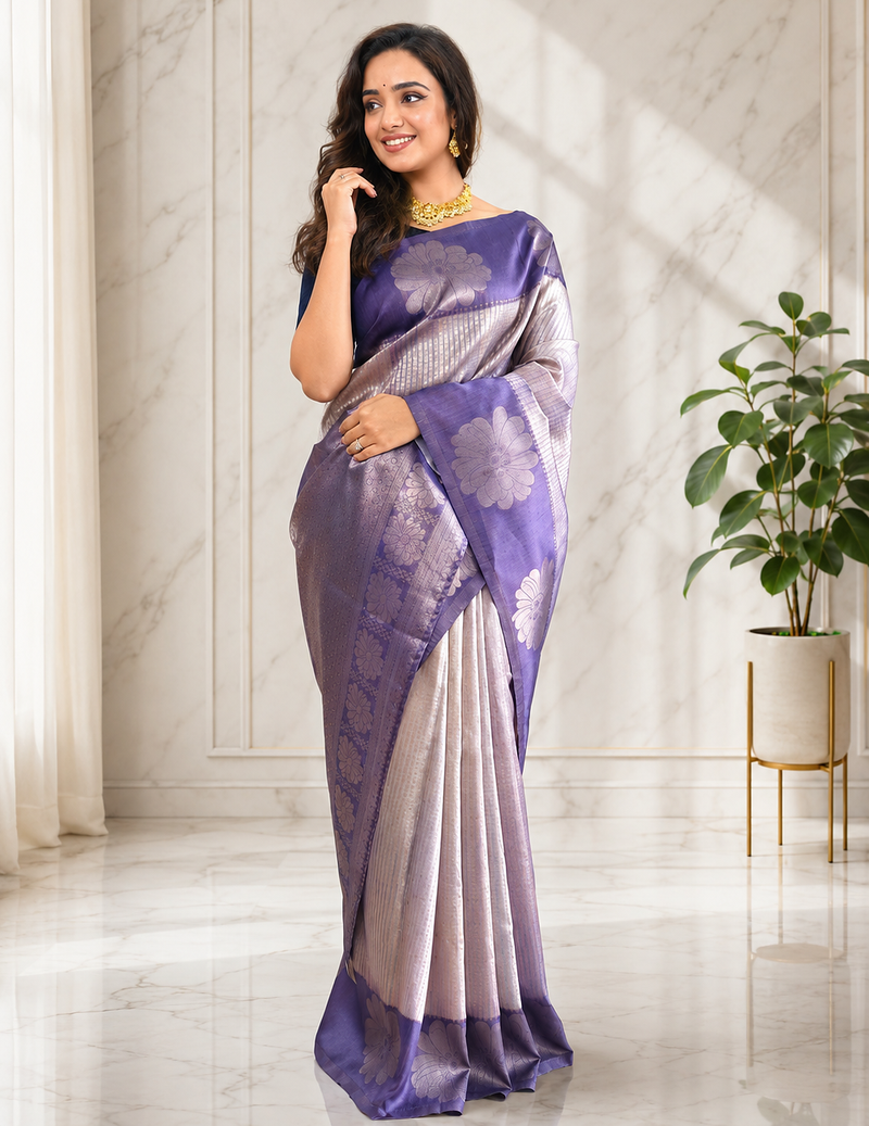 violet color silver zari motif design pattern multi colored digital print silk blend saree