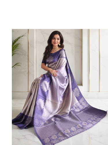 violet color silver zari motif design pattern multi colored digital print silk blend saree 4