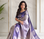 violet color silver zari motif design pattern multi colored digital print silk blend saree