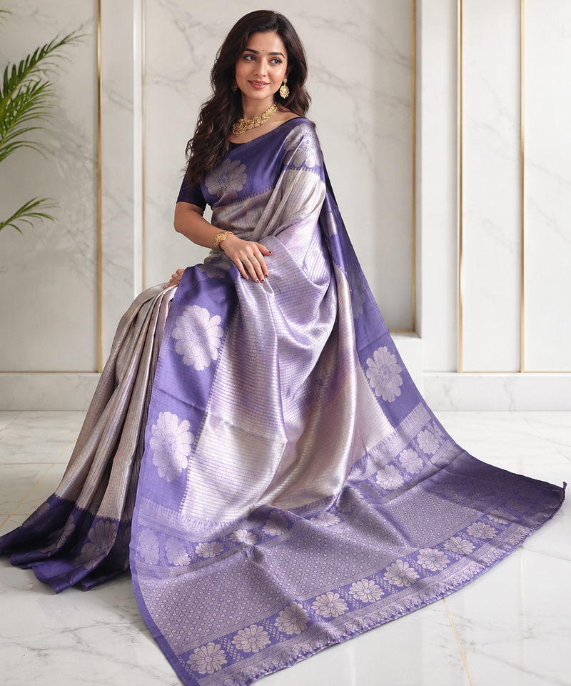 violet color silver zari motif design pattern multi colored digital print silk blend saree
