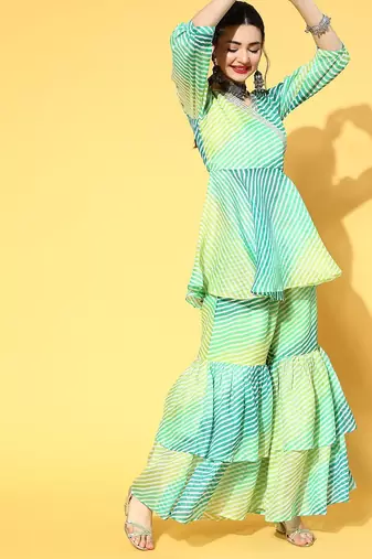 Blue Cotton Blend Short Kurti with Sharara