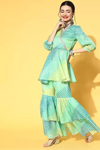 Blue Cotton Blend Short Kurti with Sharara