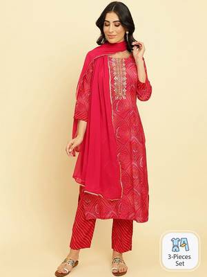 Bandhani Printed Regular Chanderi Silk Kurta with Trousers & Dupatta 1