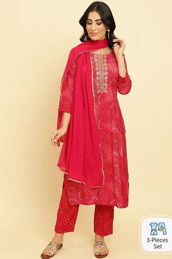 Bandhani Printed Regular Chanderi Silk Kurta with Trousers & Dupatta