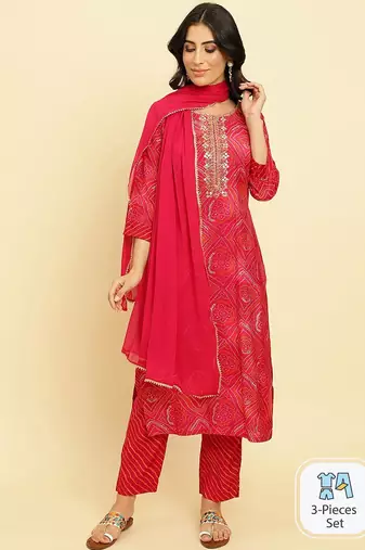 Bandhani Printed Regular Chanderi Silk Kurta with Trousers & Dupatta
