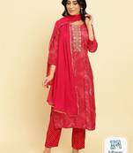 Bandhani Printed Regular Chanderi Silk Kurta with Trousers & Dupatta