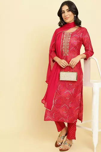 Bandhani Printed Regular Chanderi Silk Kurta with Trousers & Dupatta