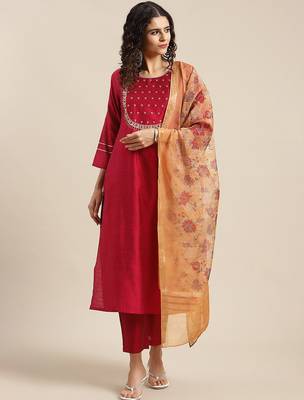 Ethnic Motifs Maroon Yoke Design Thread Work Kurta with Trousers & With Dupatta 1