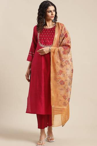 Ethnic Motifs Maroon Yoke Design Thread Work Kurta with Trousers & With Dupatta