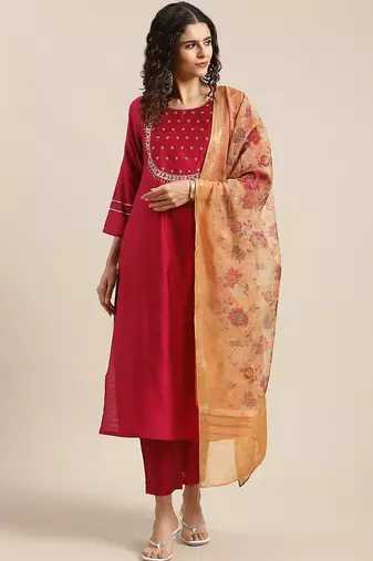 Ethnic Motifs Maroon Yoke Design Thread Work Kurta with Trousers & With Dupatta