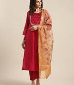 Ethnic Motifs Maroon Yoke Design Thread Work Kurta with Trousers & With Dupatta